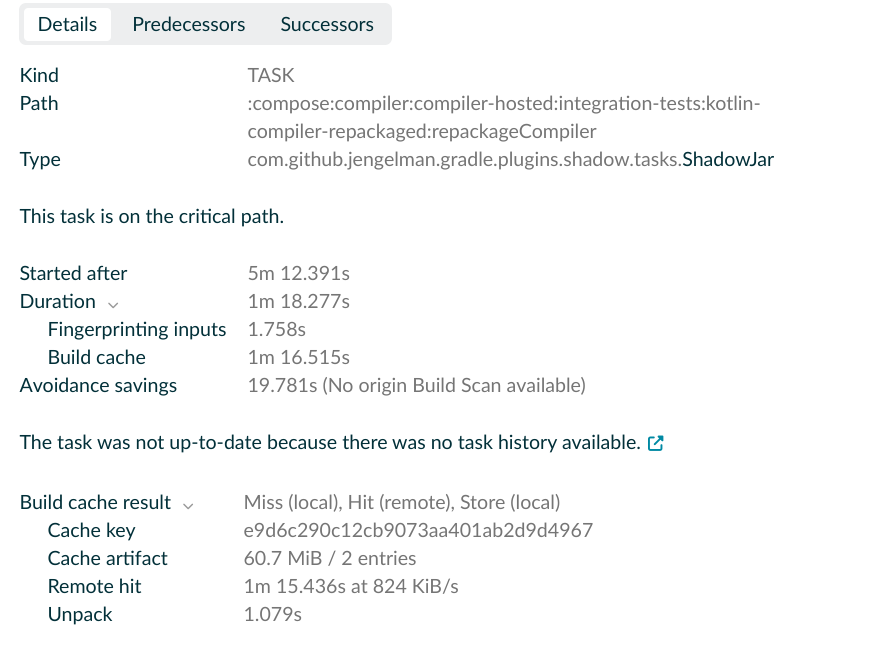 Screenshot of Gradle task detail view