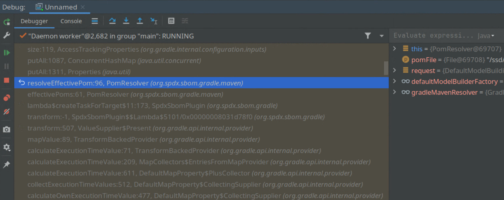 JVM Debugger stacktrace showing PomResolver reading nio2 property