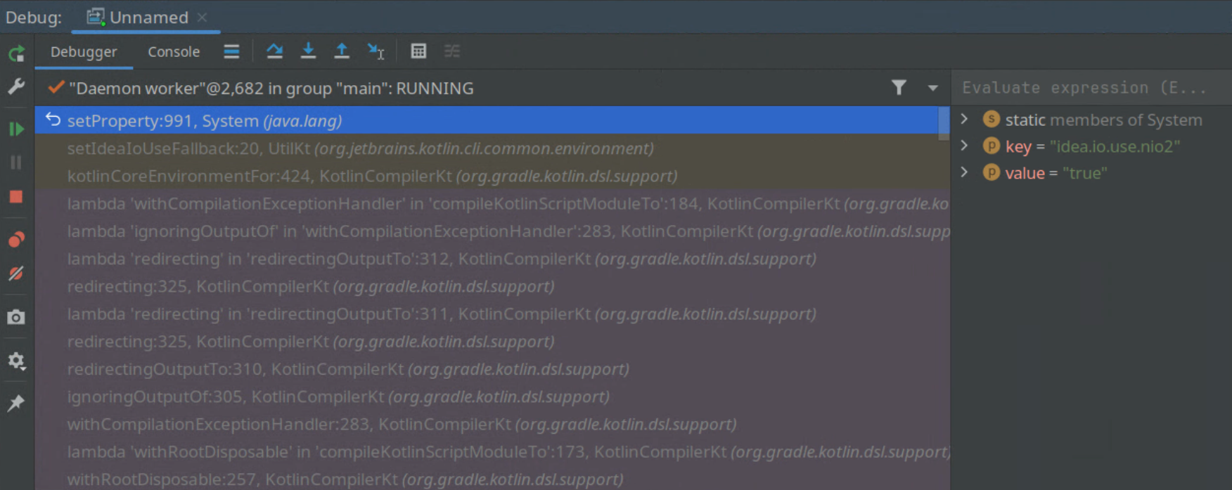 JVM Debugger stacktrace showing setIdeaIoUseFallback setting nio2 property